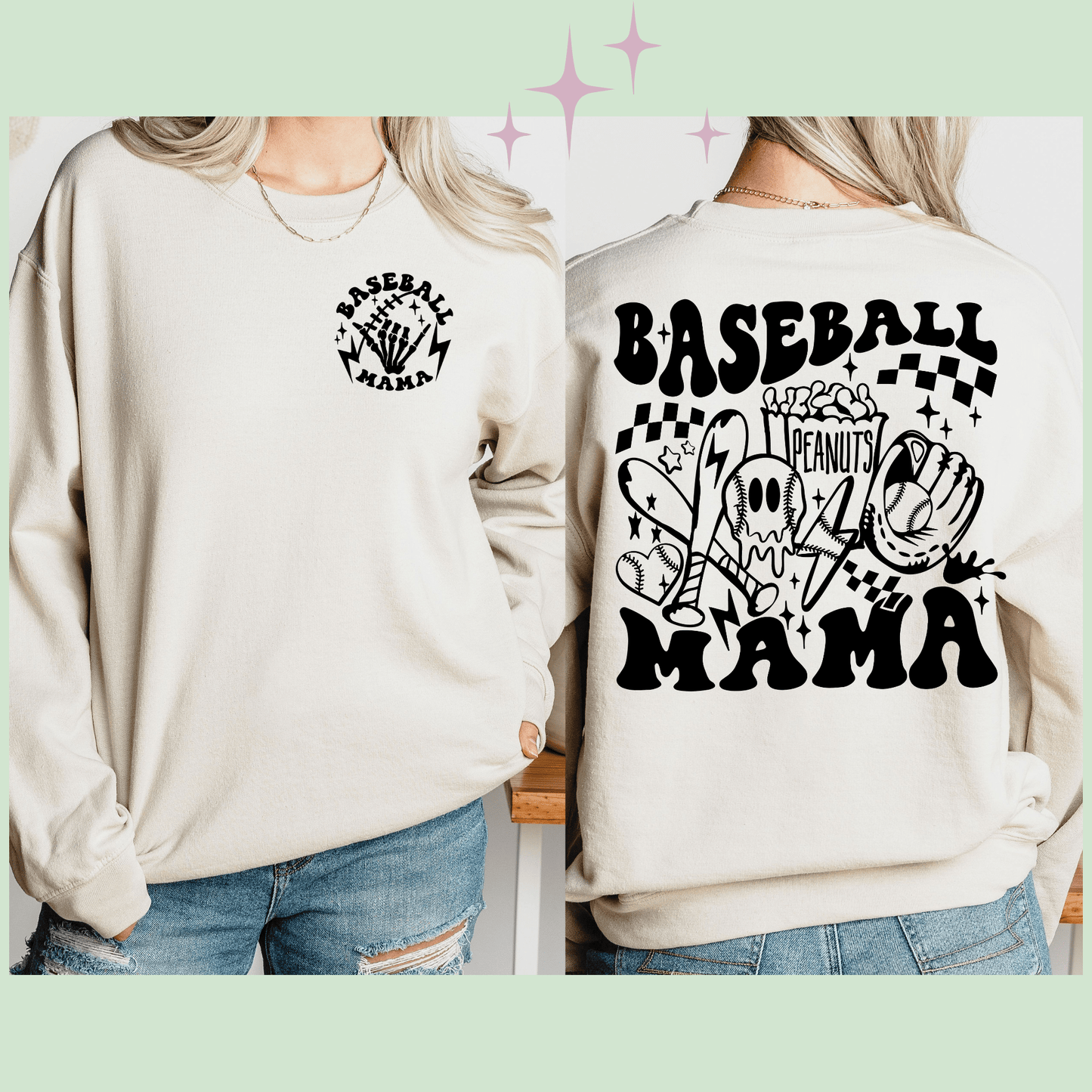 Baseball Mama Cream Soft Sweatshirt with Front and Back Graphics