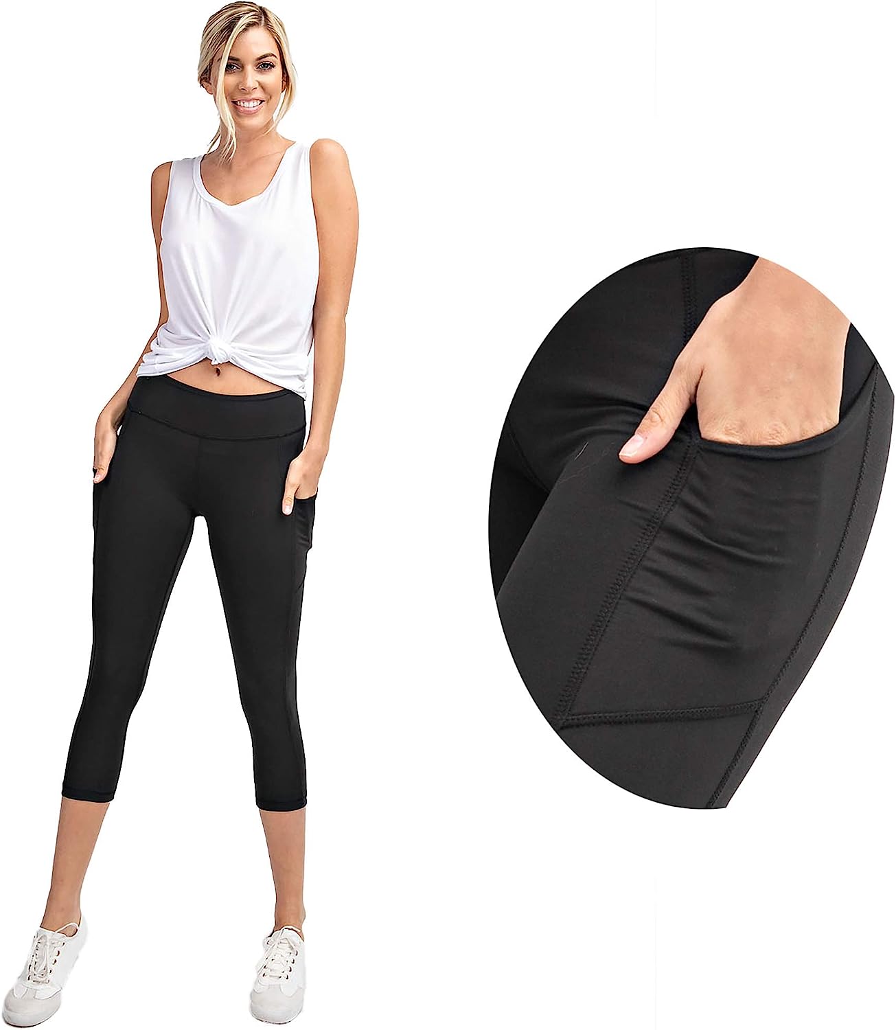 Black Capri Length Yoga Leggings with Pockets