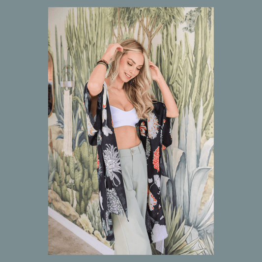 Black Tropical Floral Kimono Cover-Up