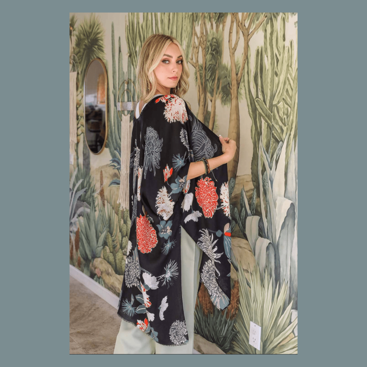 Black Tropical Floral Kimono Cover-Up