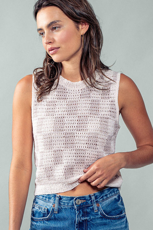 Chic Checkmate: Crochet Knit Checkered Sleeveless Women's Top