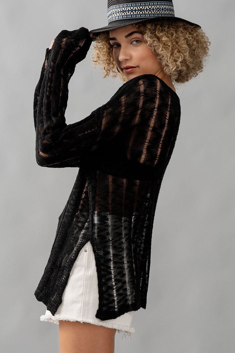 Whispering Threads Sheer Knit Long Sleeve Lace Distressed Sweater Fashion Knitwear