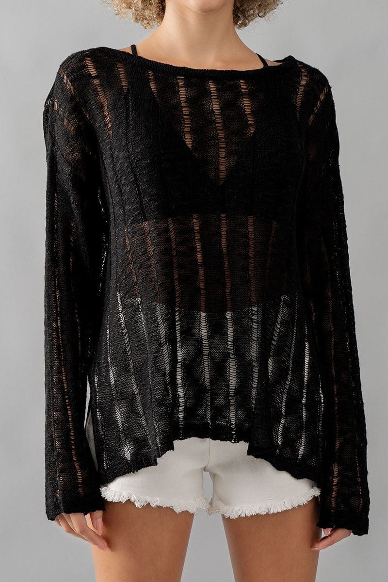 Whispering Threads Sheer Knit Long Sleeve Lace Distressed Sweater Fashion Knitwear