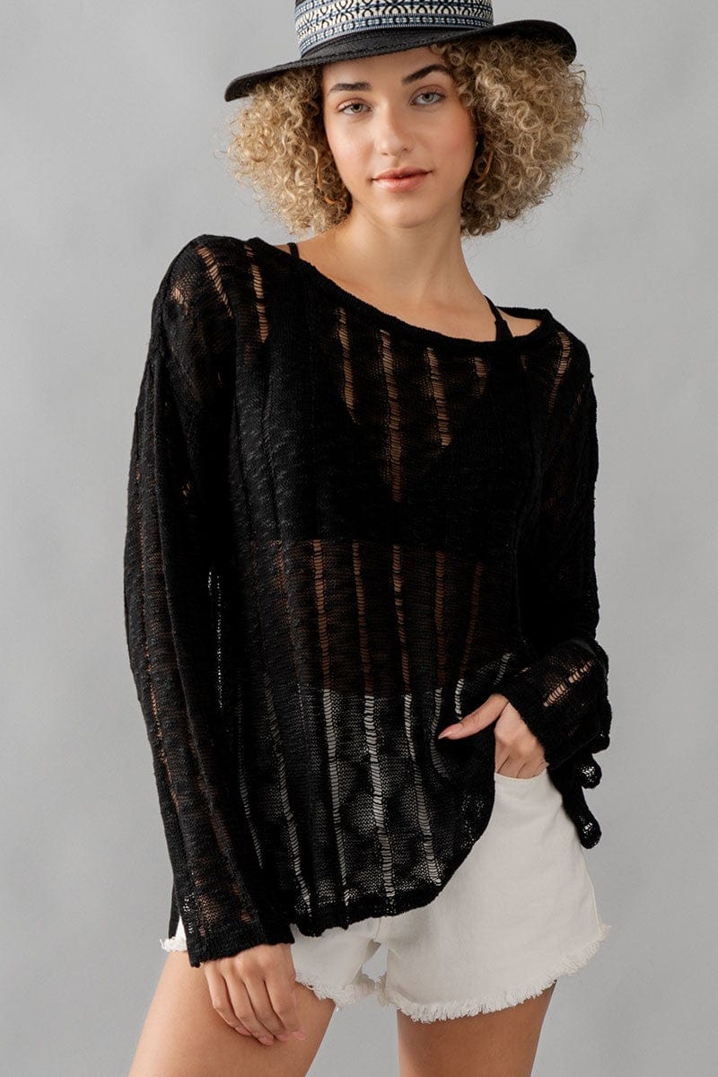 Whispering Threads Sheer Knit Long Sleeve Lace Distressed Sweater Fashion Knitwear