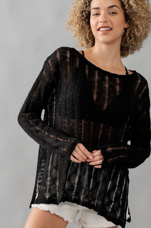Whispering Threads Sheer Knit Long Sleeve Lace Distressed Sweater Fashion Knitwear