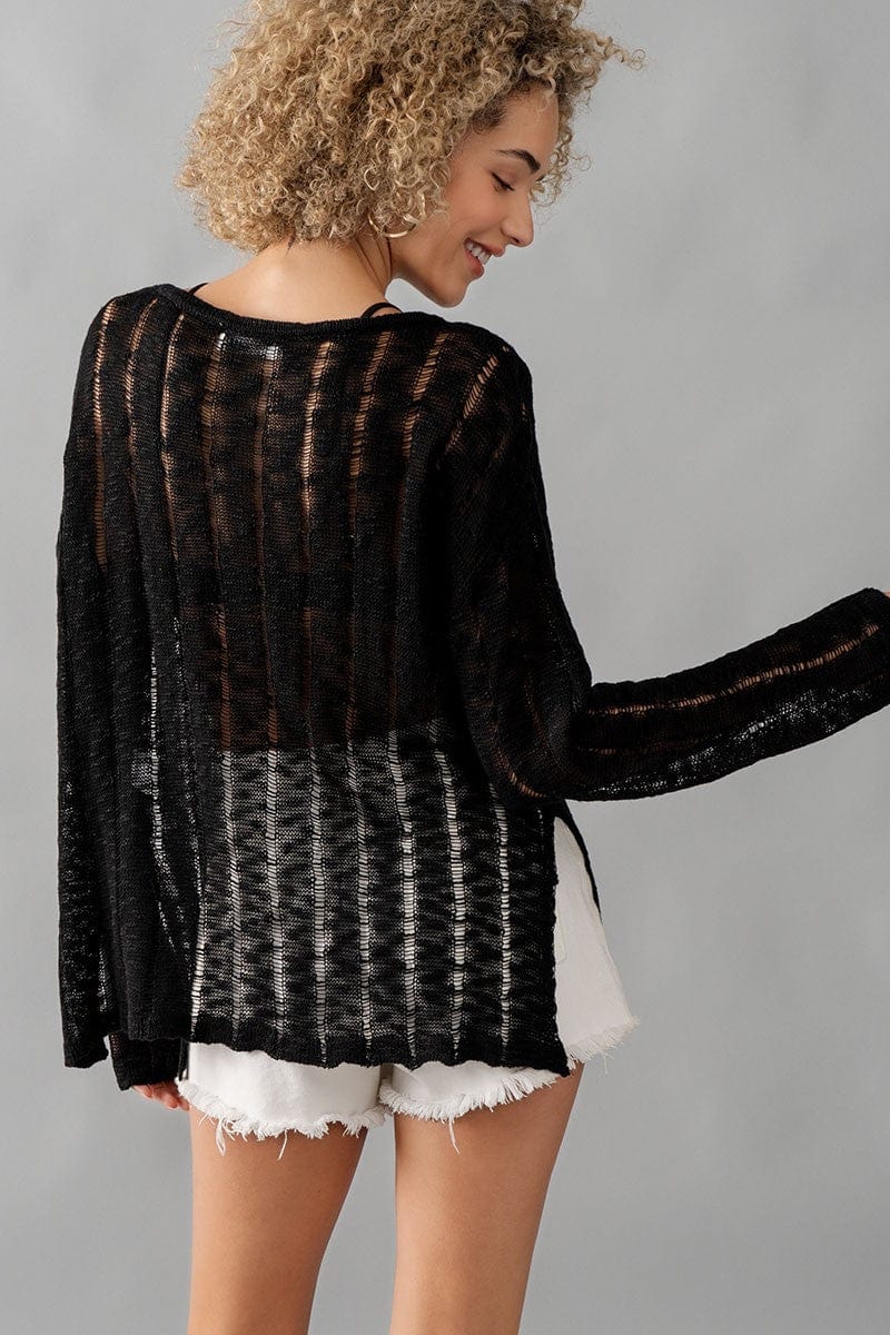 Whispering Threads Sheer Knit Long Sleeve Lace Distressed Sweater Fashion Knitwear
