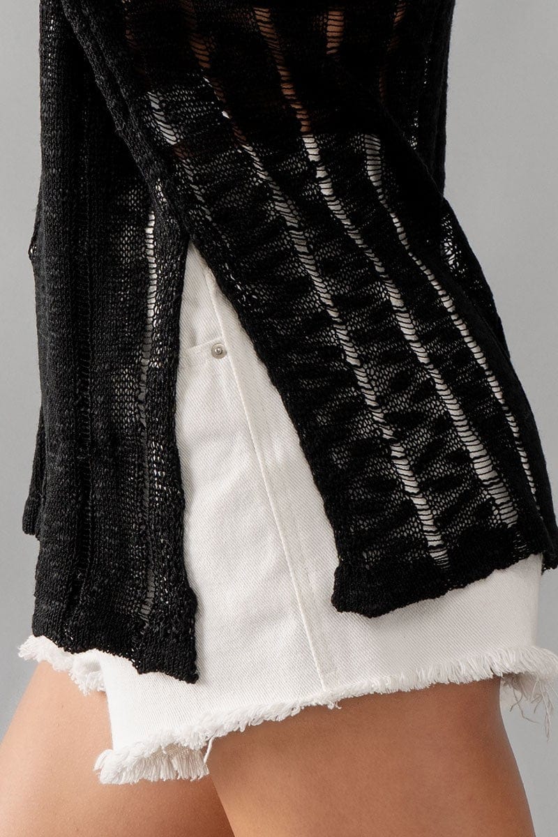 Whispering Threads Sheer Knit Long Sleeve Lace Distressed Sweater Fashion Knitwear