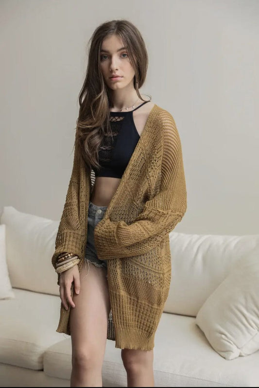 Women's Elegant Knit Open Front Cardigan Sweater in Brown or Black