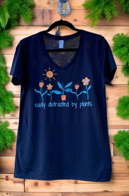 Easily Distracted By Plants Black Eco-Friendly V-Neck T-Shirt Top