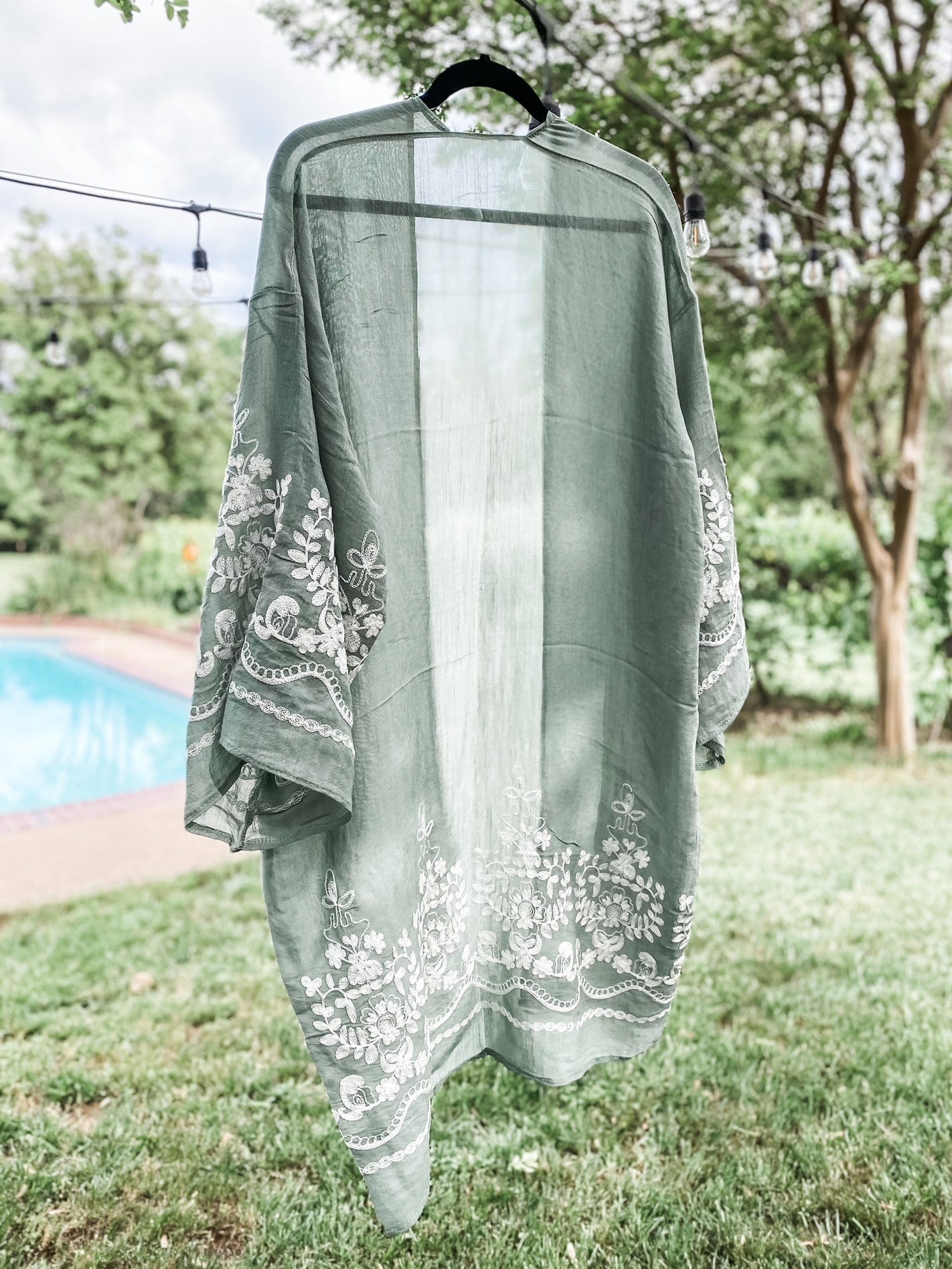 Sage Green Embroidered Floral Vine Kimono