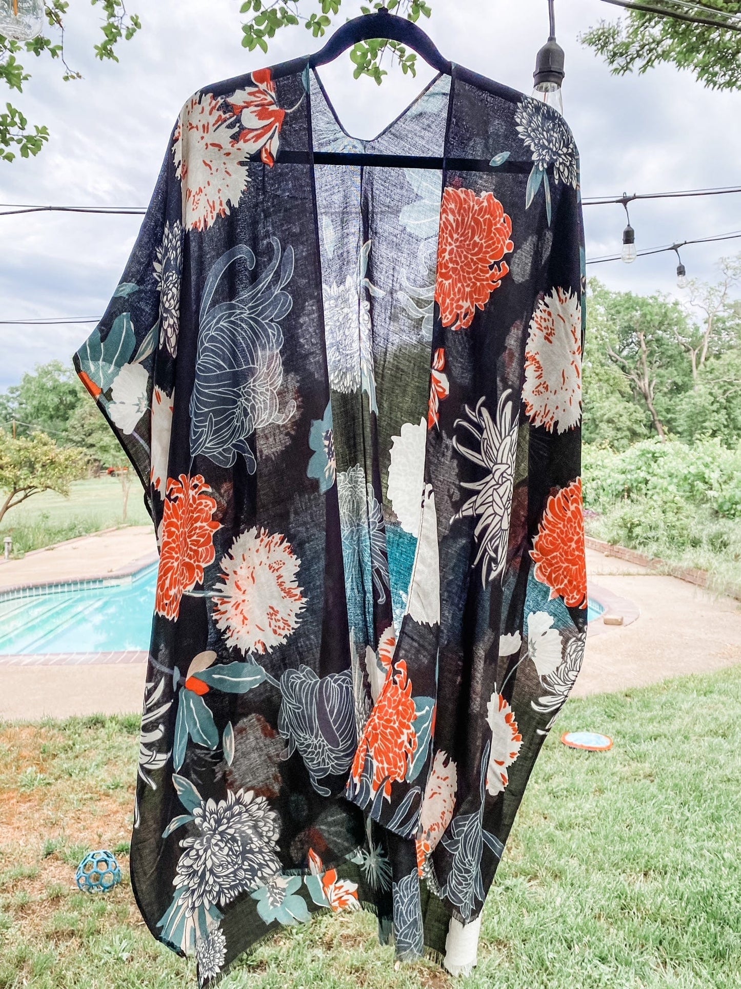 Black Tropical Floral Kimono Cover-Up
