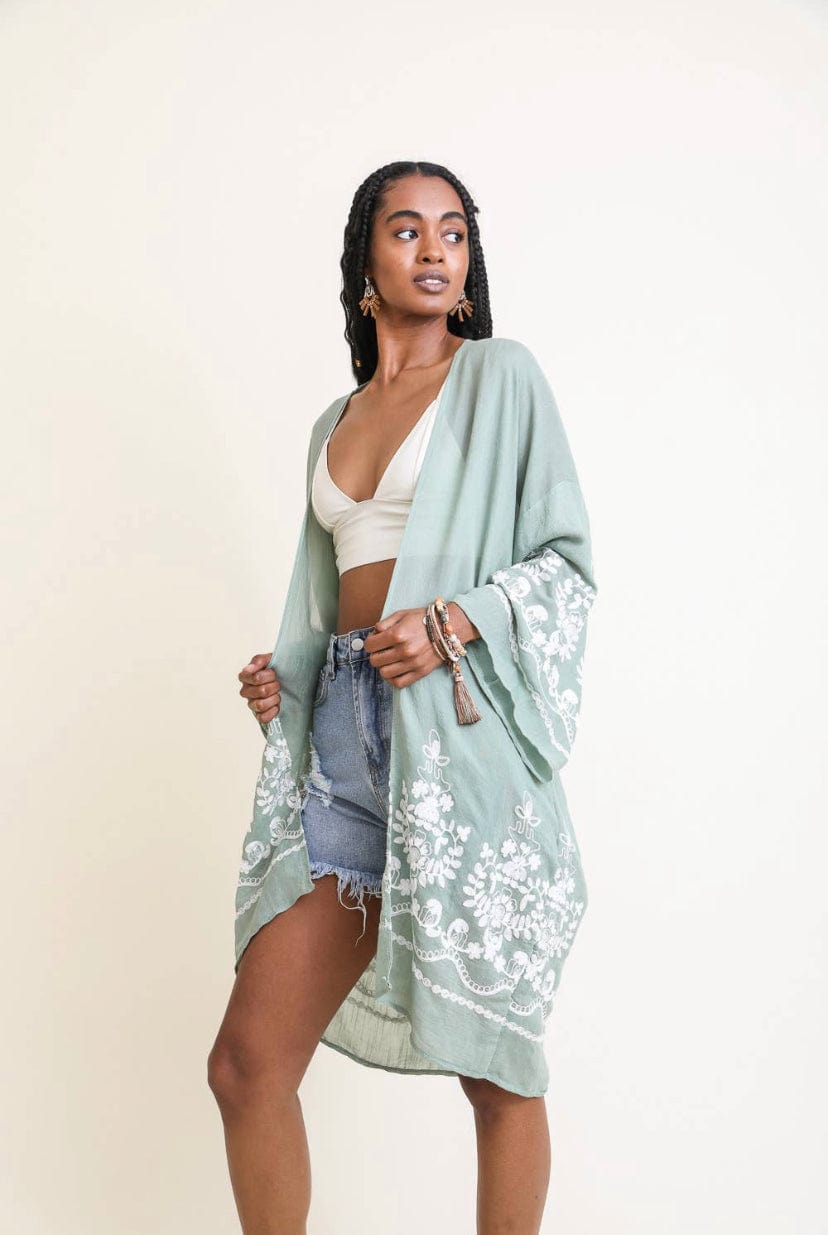 Sage Green Embroidered Floral Vine Kimono