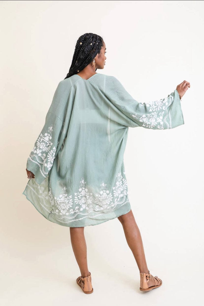 Sage Green Embroidered Floral Vine Kimono
