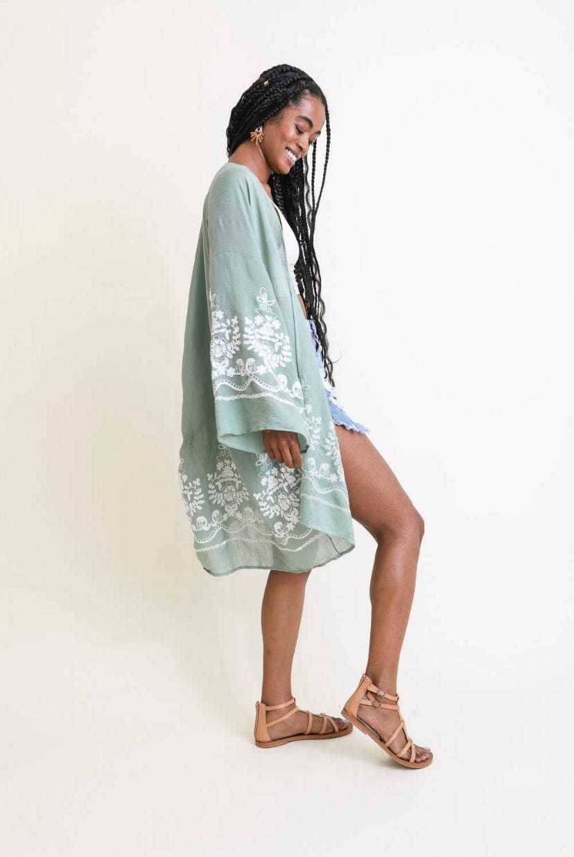 Sage Green Embroidered Floral Vine Kimono