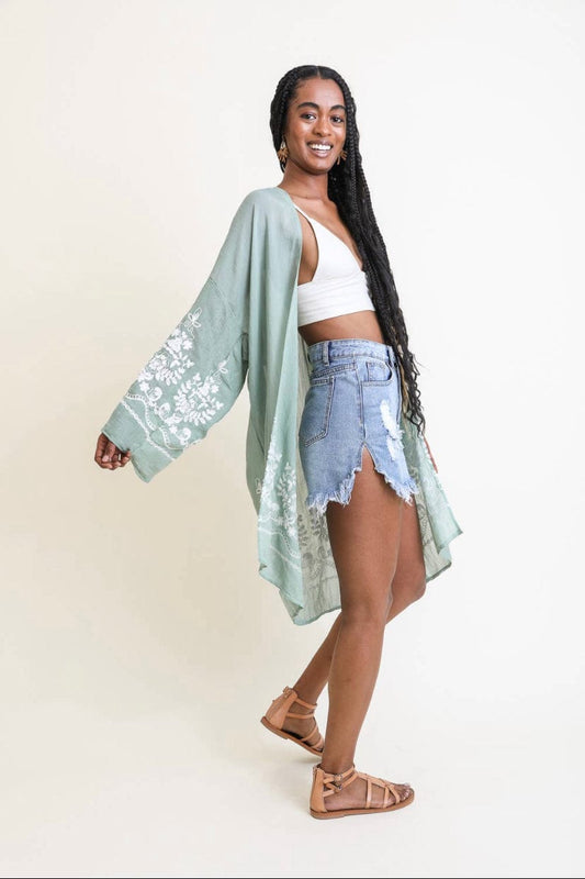 Sage Green Embroidered Floral Vine Kimono