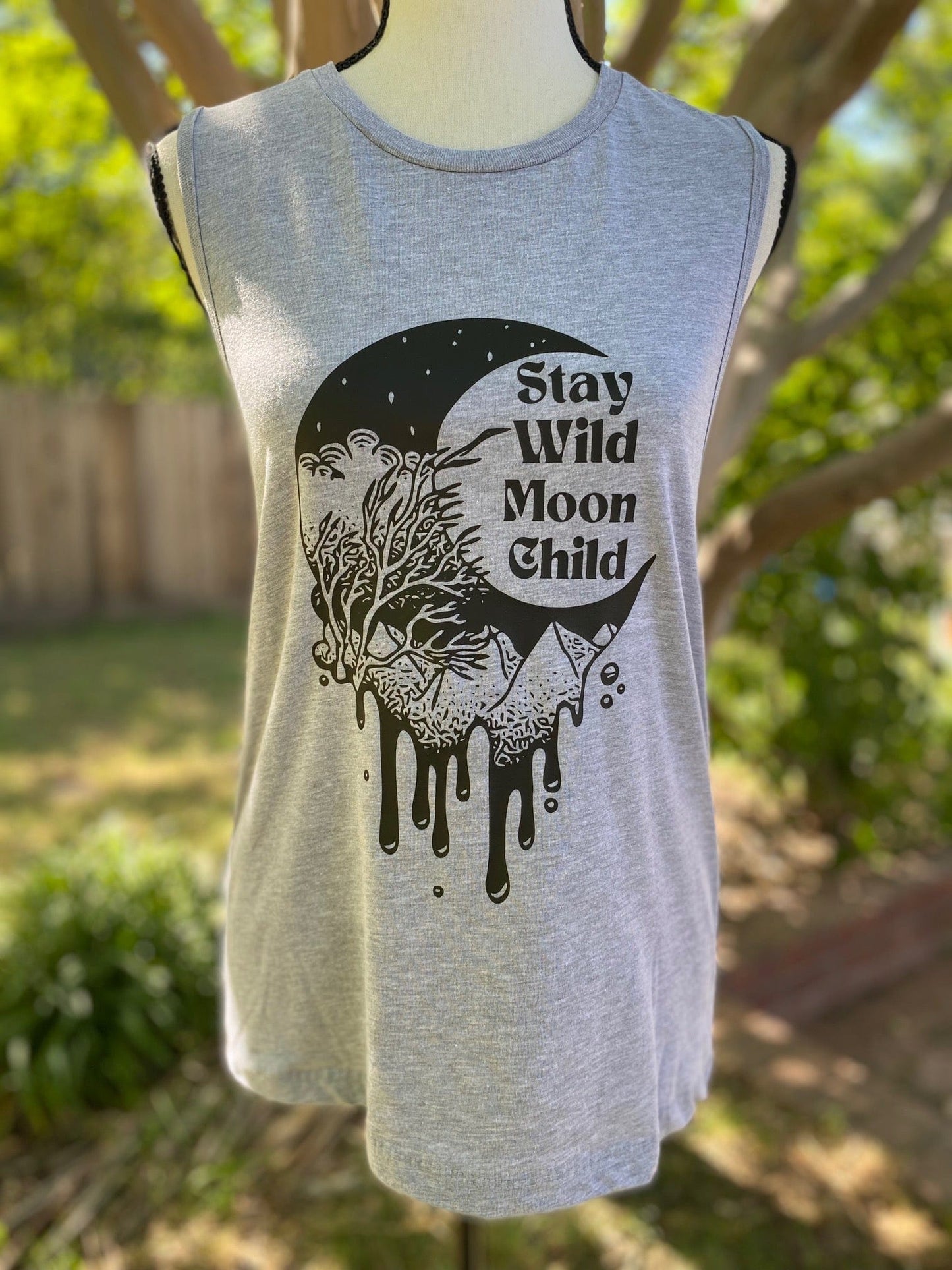 Stay Wild Moon Child Graphic Gray Muscle Tank Top