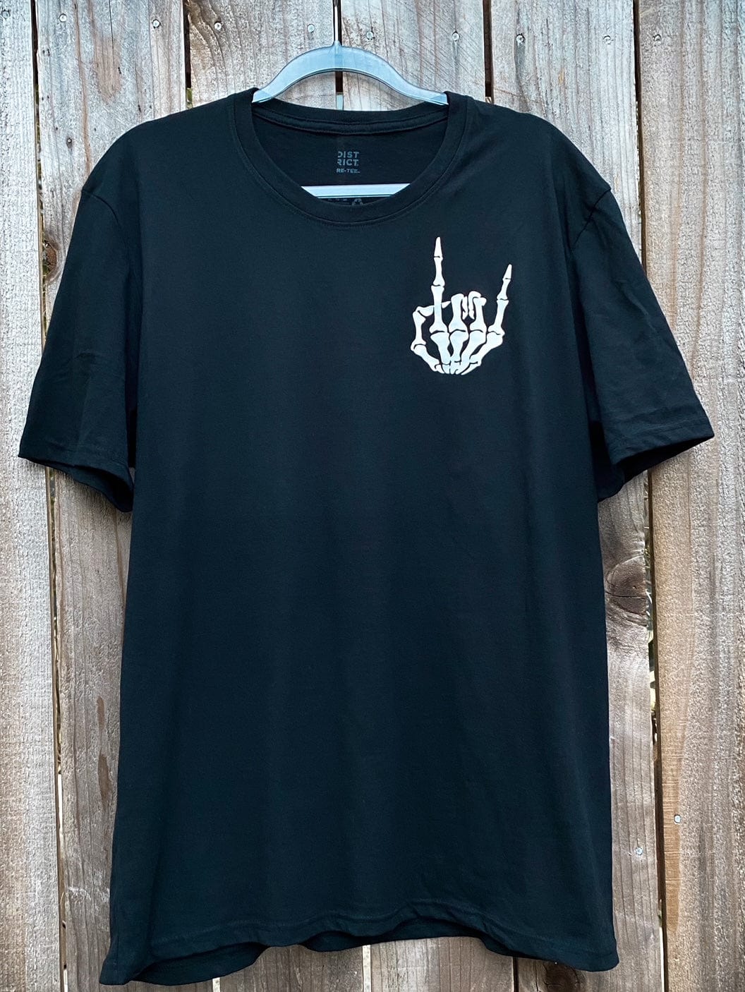 Metallic Silver Skeleton Rock On Hand on Sustainably Made Black T-Shirt