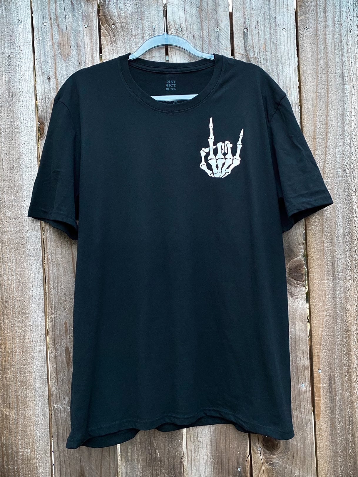 Metallic Silver Skeleton Rock On Hand on Sustainably Made Black T-Shirt