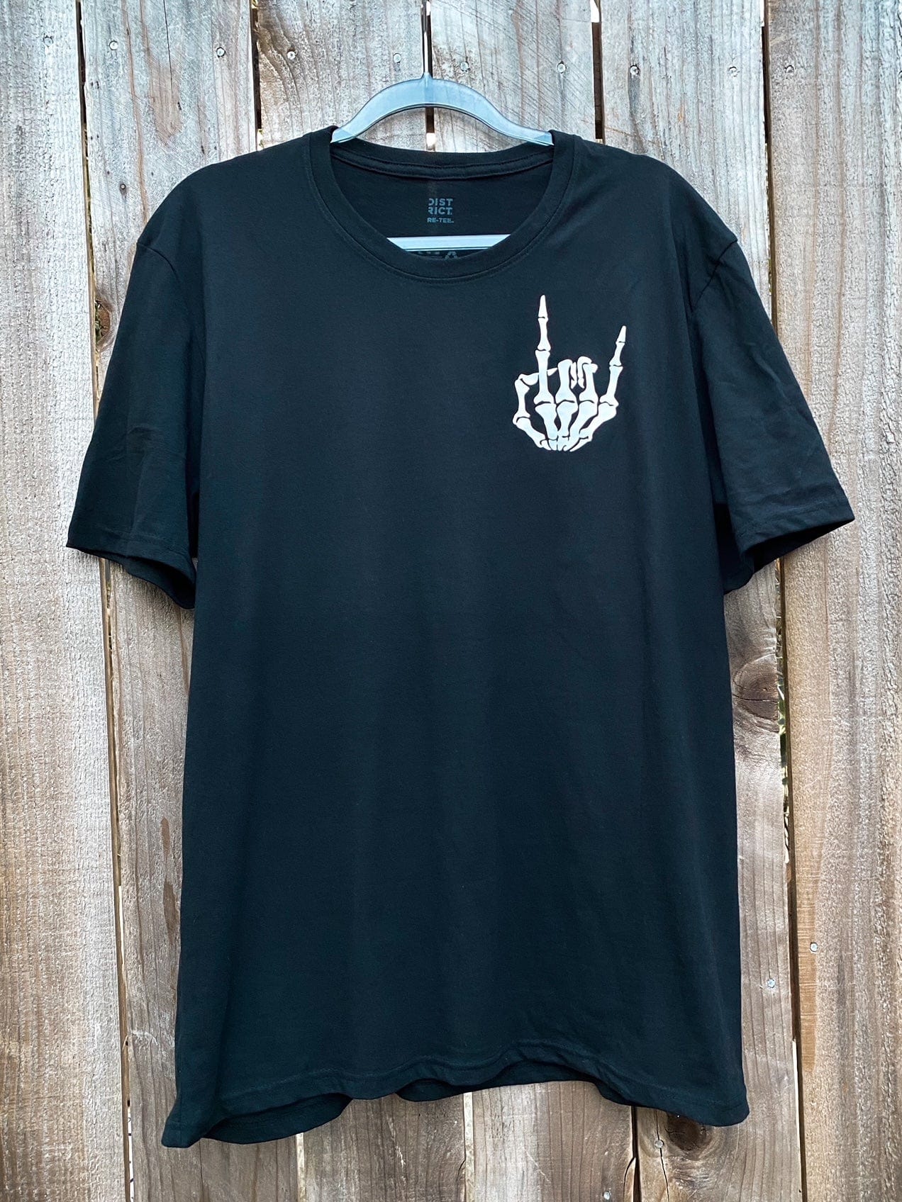 Metallic Silver Skeleton Rock On Hand on Sustainably Made Black T-Shirt
