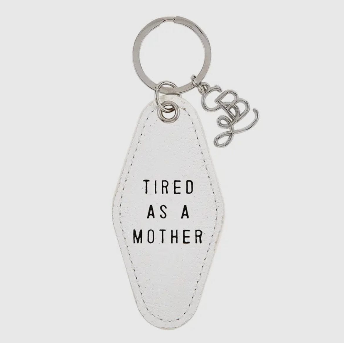 Tired As A Mother White Leather Motel Style Key Tag Chain