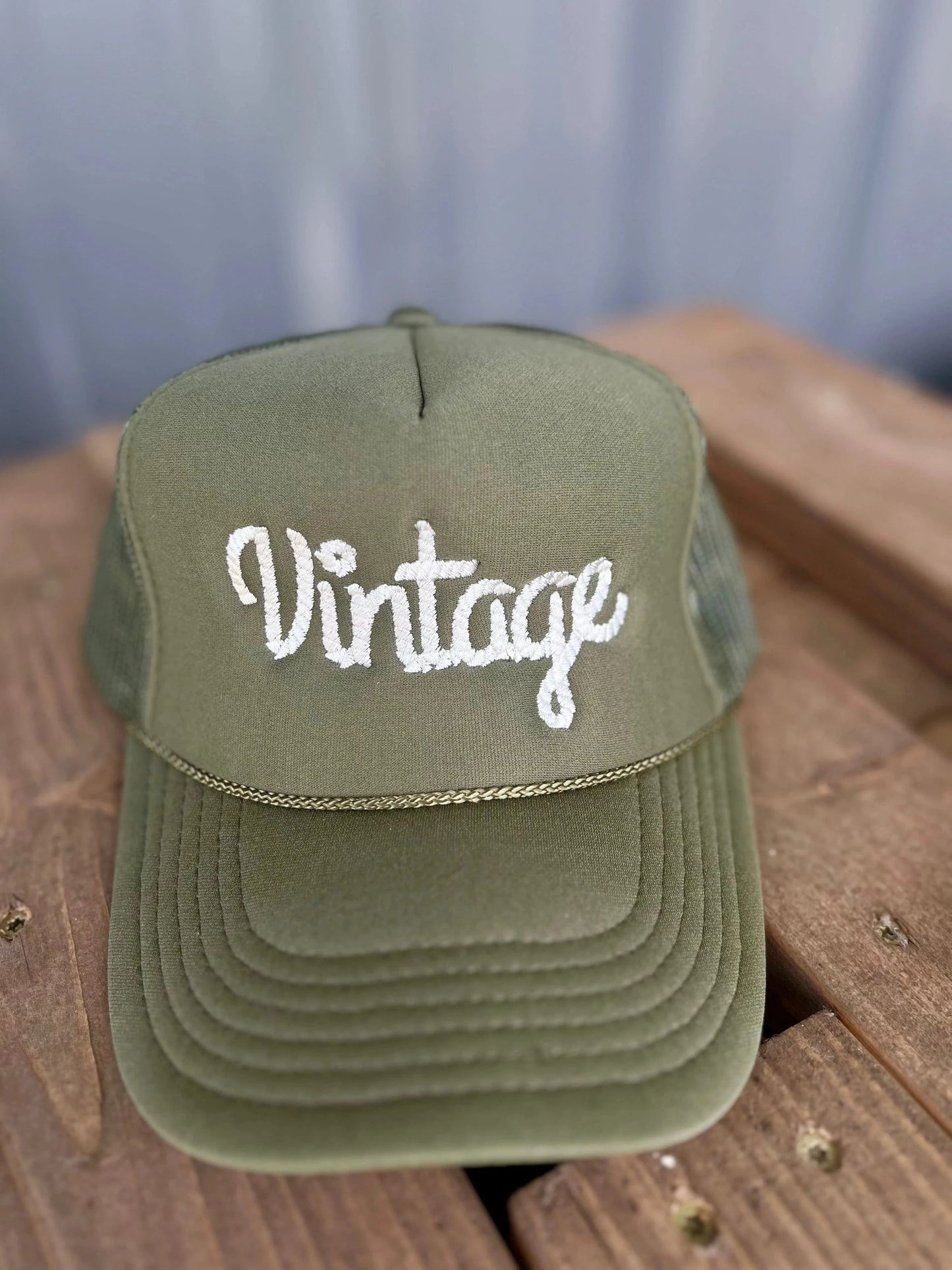 Vintage Embroidered Rope Style Olive Green Trucker Hat