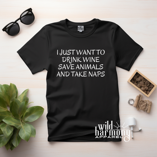 Drink Wine Save Animals and Take Naps Black Eco-Friendly T-Shirt
