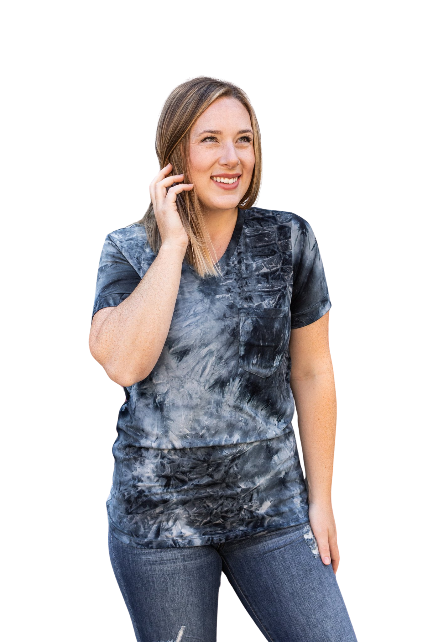 Swirl Me Up in Slate V Neck Tee with Pocket