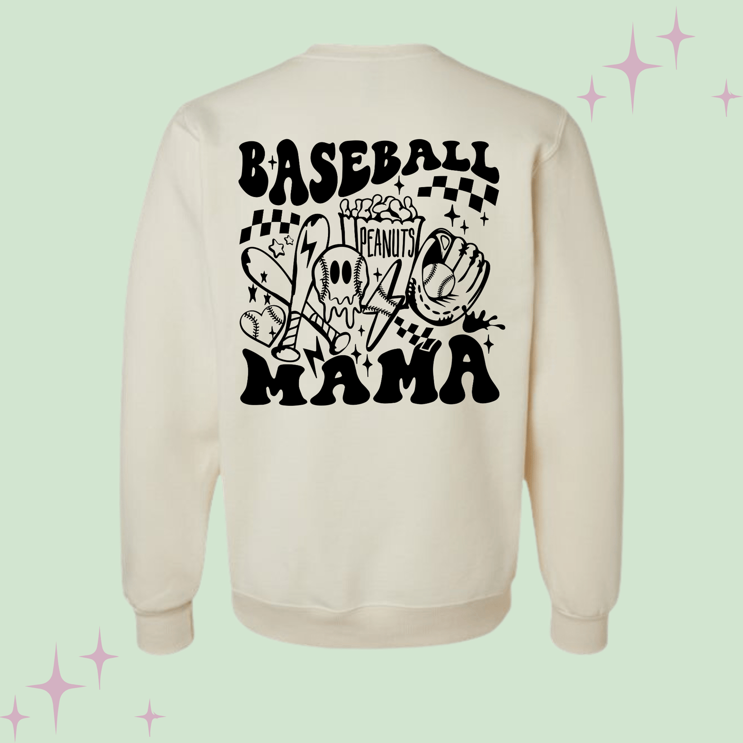 Baseball Mama Cream Soft Sweatshirt with Front and Back Graphics