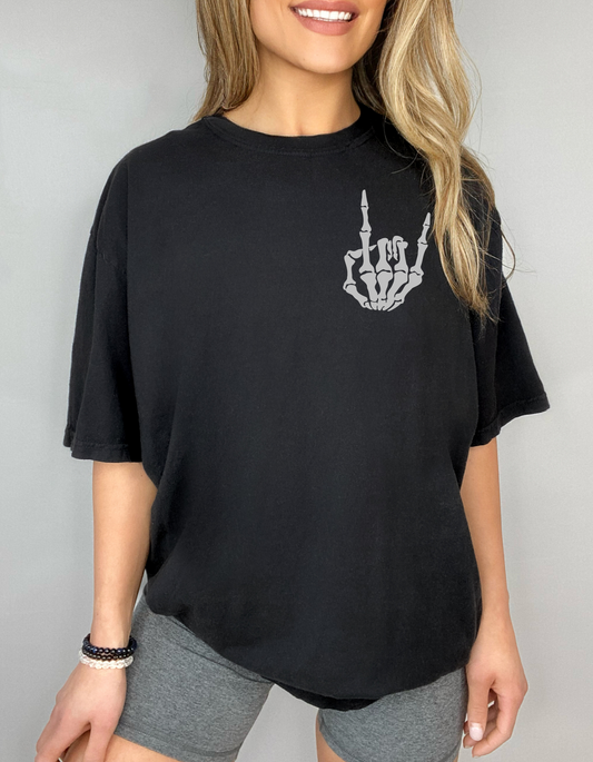 Metallic Silver Skeleton Rock On Hand on Sustainably Made Black T-Shirt