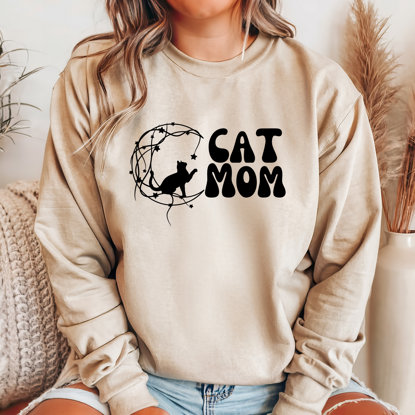 Cat Mom Crescent Moon Sand Sweatshirt