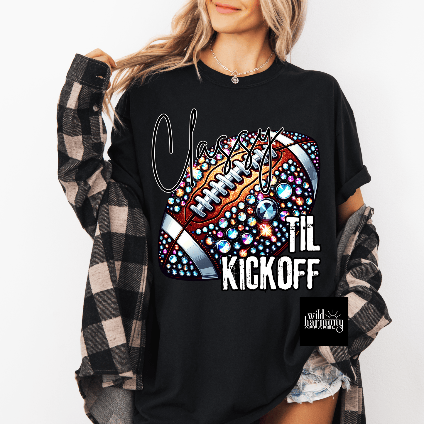 Classy Til Kickoff Football Faux Bling Black T-Shirt