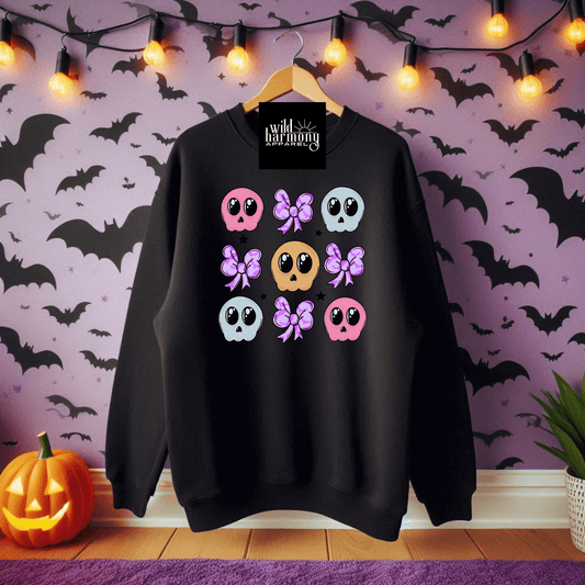 Colorful Skulls and Bows Black Eco-Friendly Sweatshirt