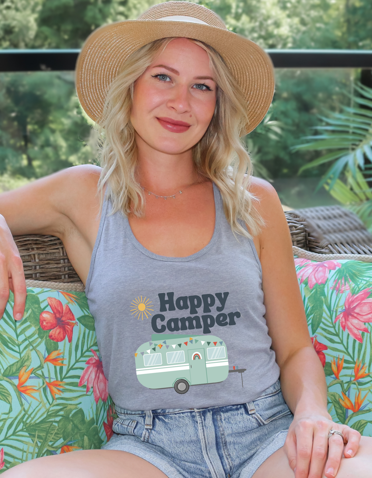 Gray Tank Top with "Happy Camper" printed in blue with a sun to the side of it and a cute camper in boho mint green below
