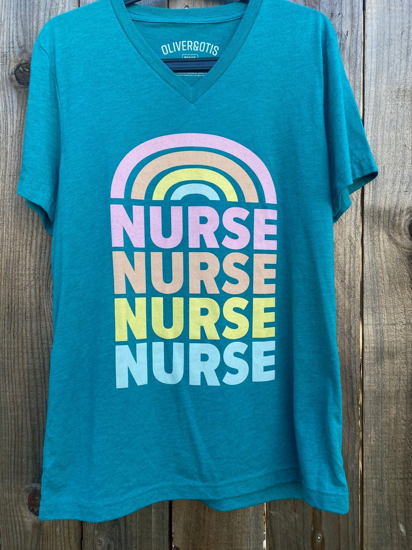 Nurse with Rainbow on Teal V-Neck T-Shirt