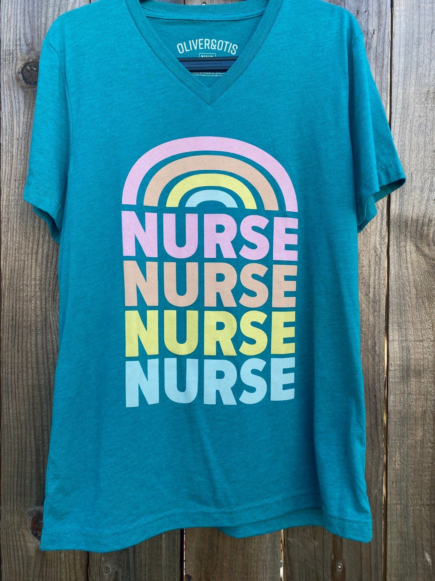 Nurse with Rainbow on Teal V-Neck T-Shirt