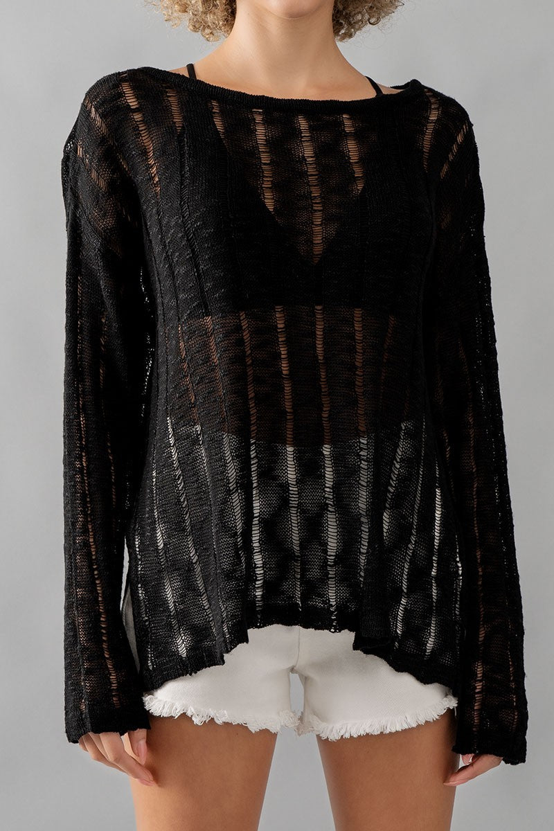Whispering Threads: Sheer Knit Long Sleeve Lace Distressed Sweater