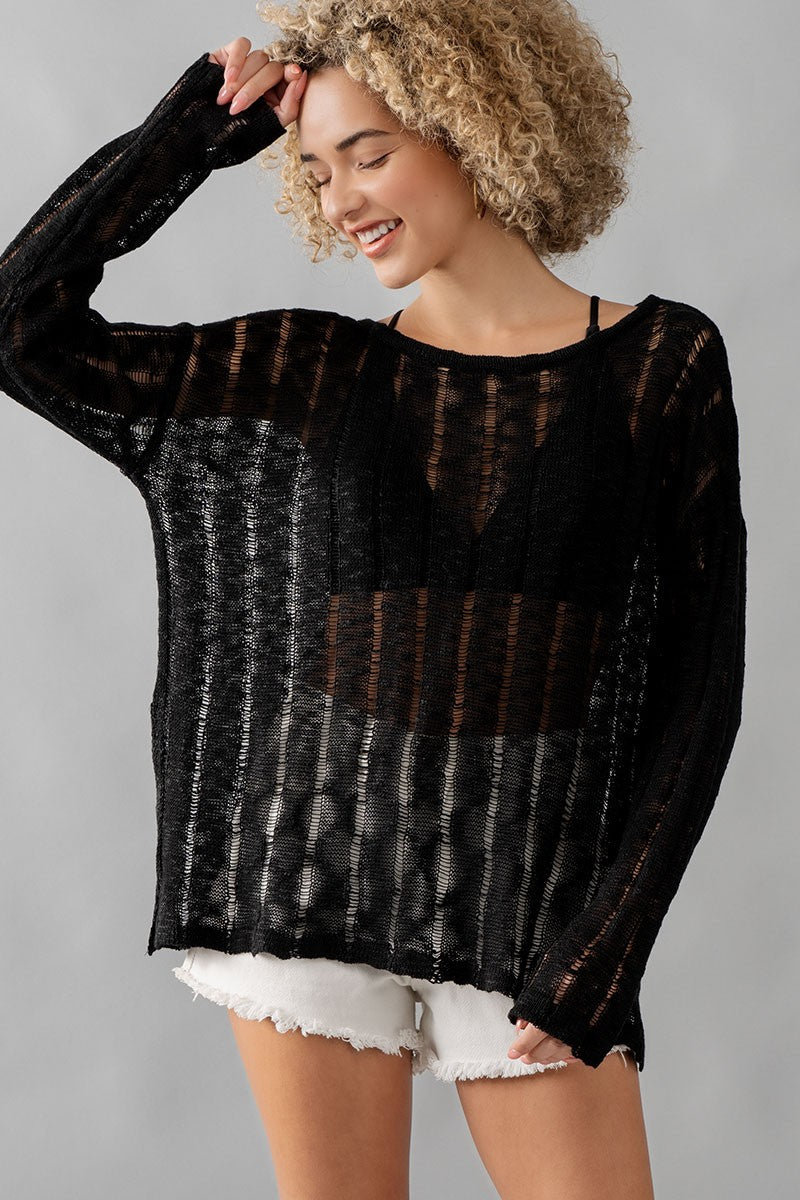 Whispering Threads: Sheer Knit Long Sleeve Lace Distressed Sweater