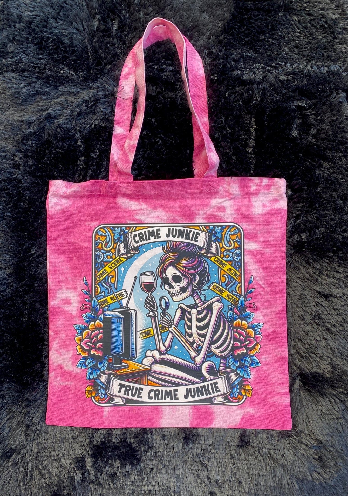 True Crime Junkie Pink Tie Dyed Canvas Bag