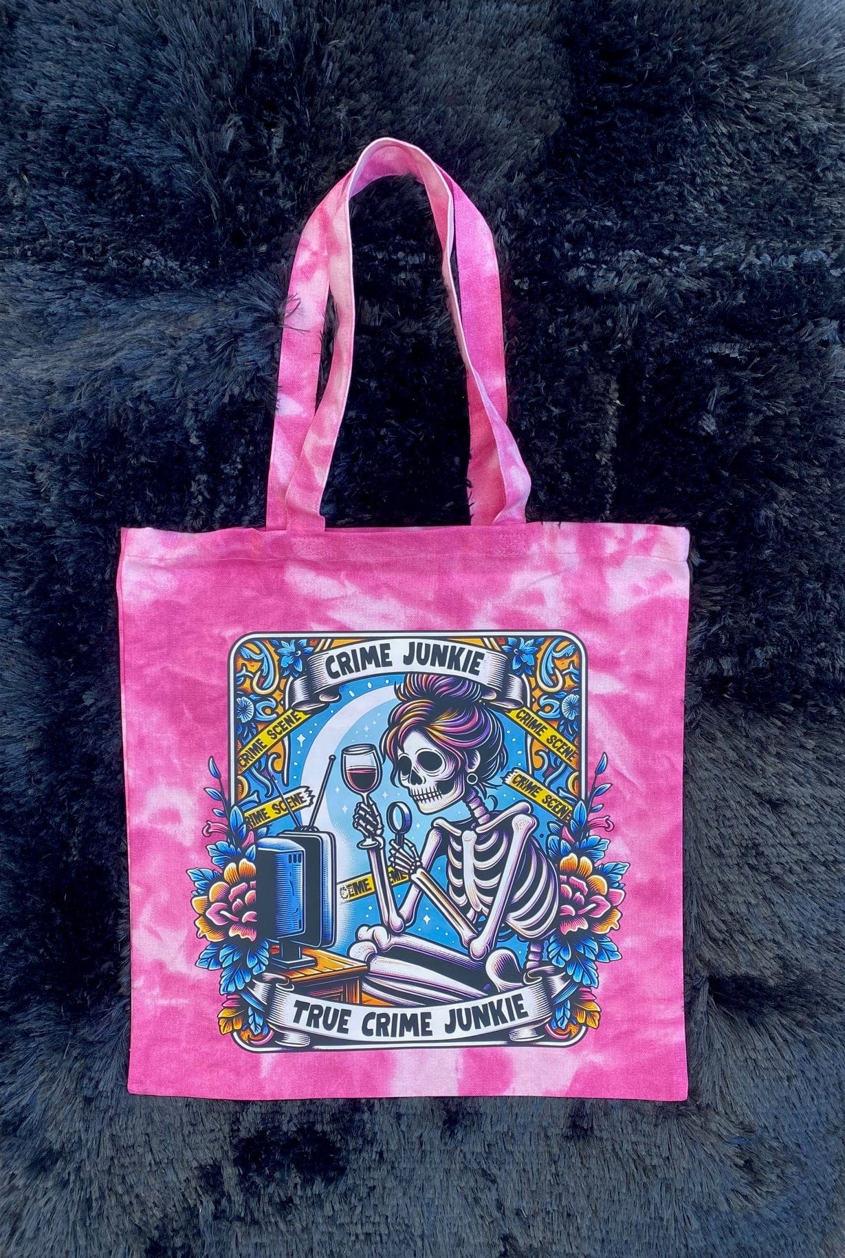 True Crime Junkie Pink Tie Dyed Canvas Bag