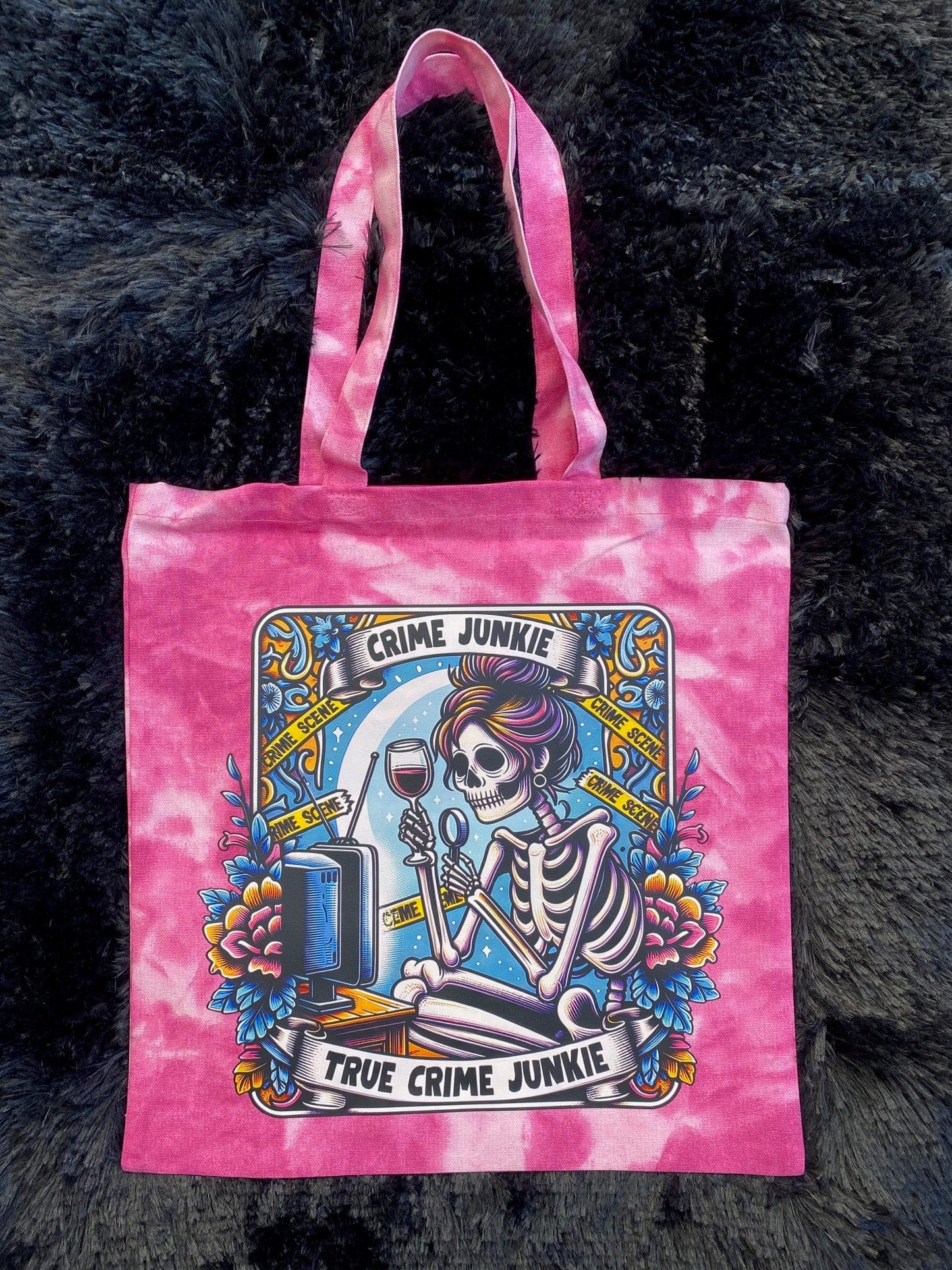 True Crime Junkie Pink Tie Dyed Canvas Bag