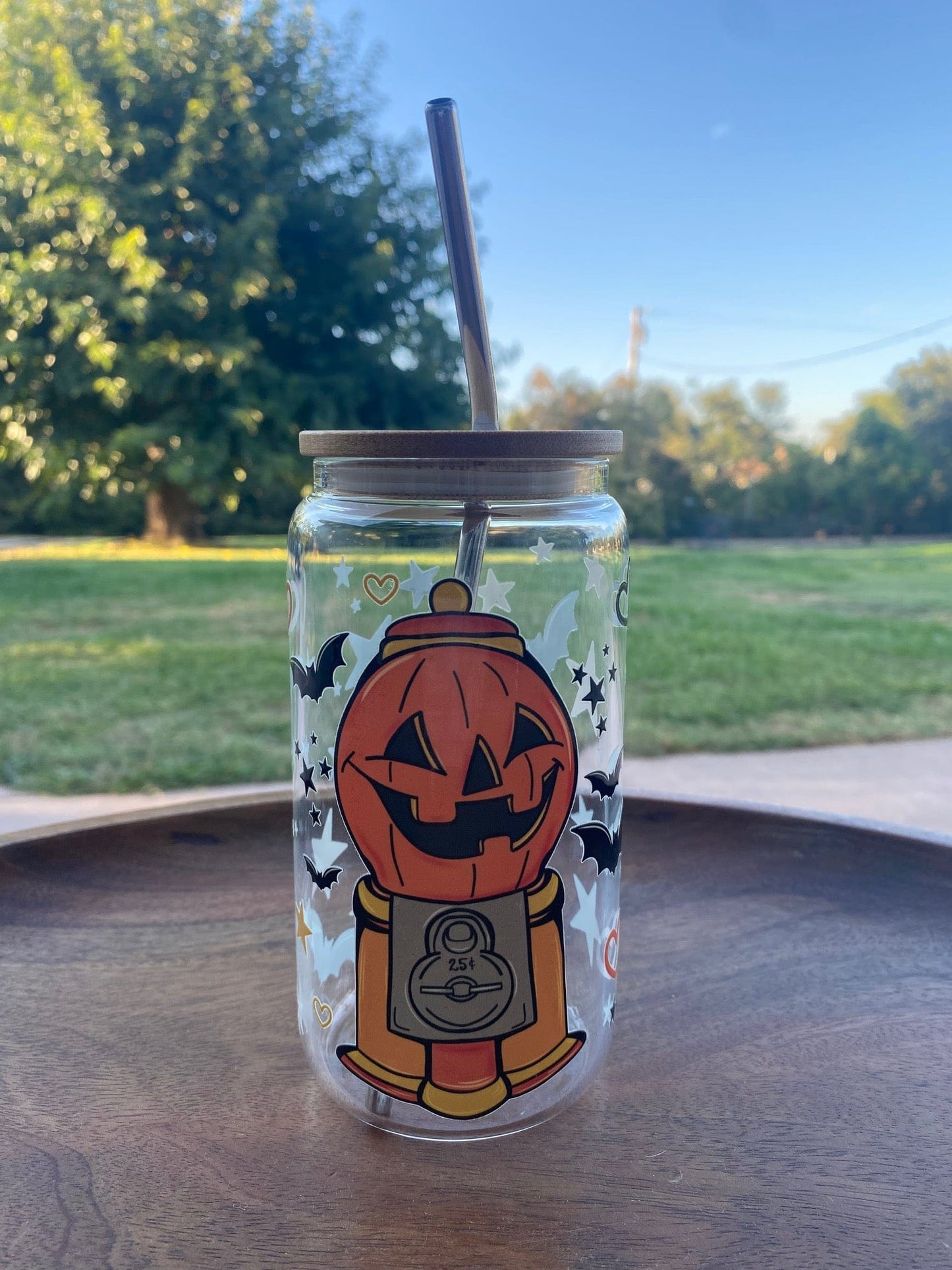 Pumpkin Gumball Glass Halloween Cup with Lid and Straw