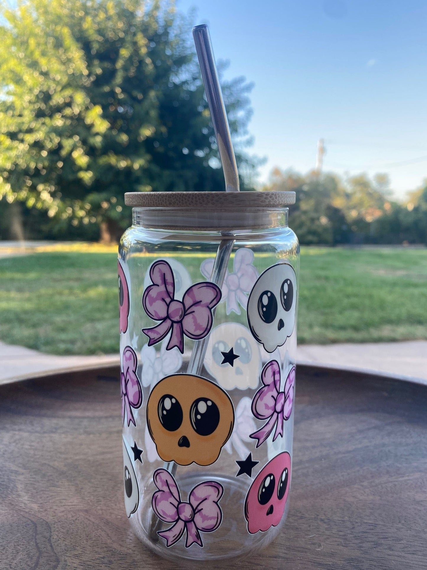 Skulls and Bows Glass Halloween Cup with Lid and Straw