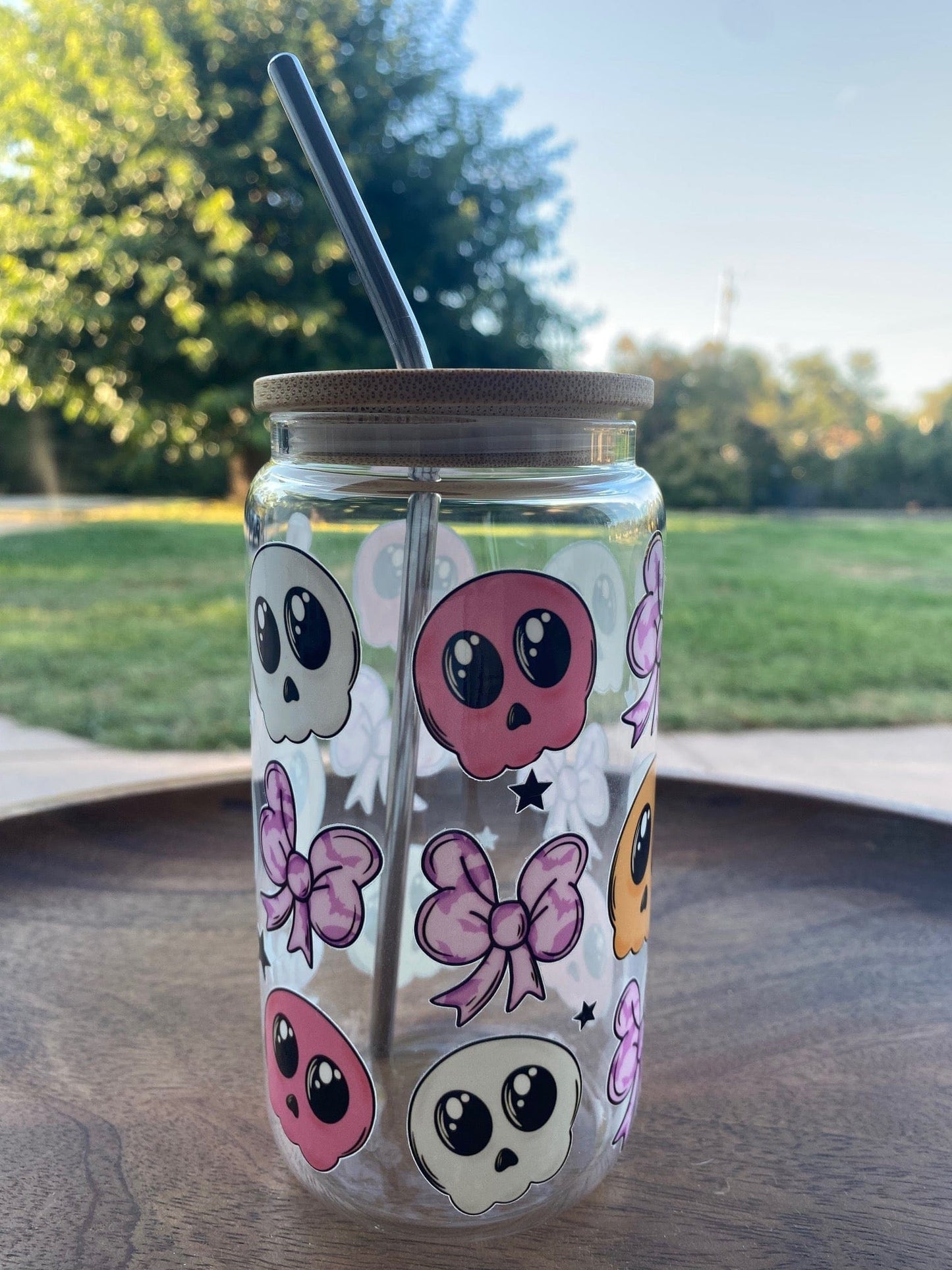 Skulls and Bows Glass Halloween Cup with Lid and Straw