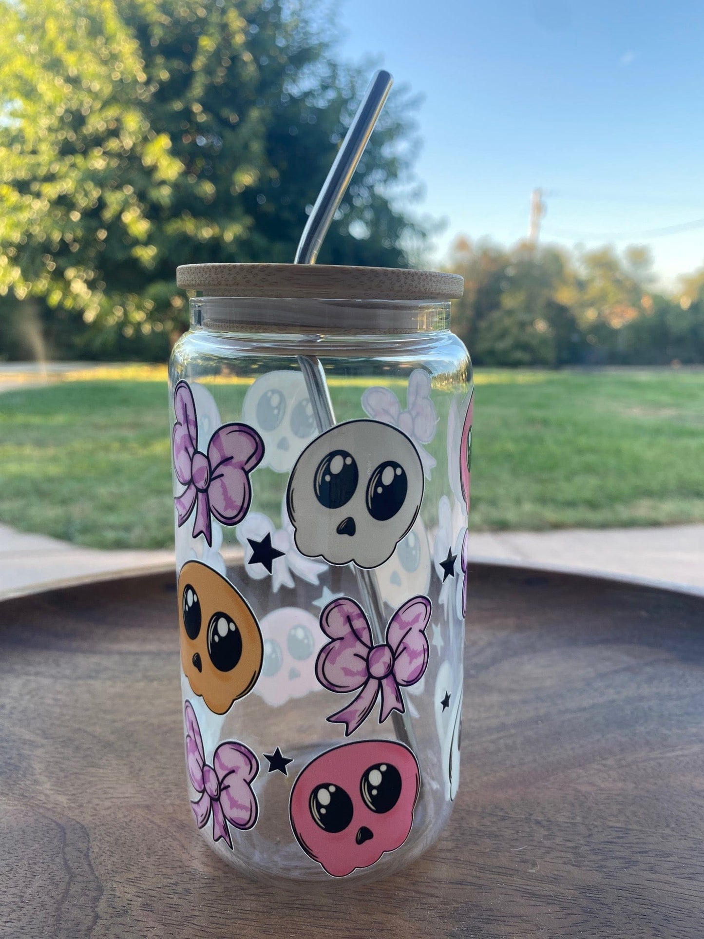 Skulls and Bows Glass Halloween Cup with Lid and Straw