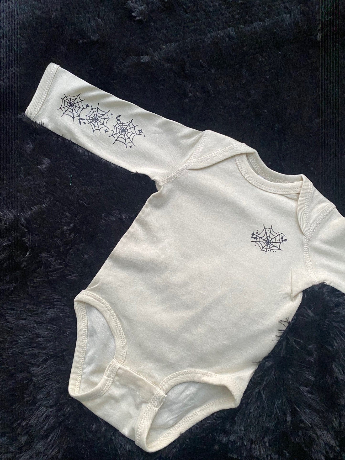 Web Wonders Long Sleeve Baby Onesie - Natural with Spider Web Graphics