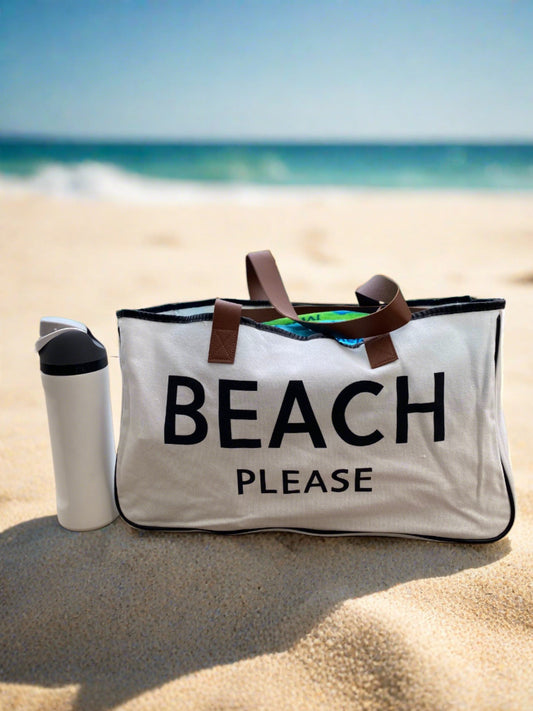 Beach bag with "Beach Please" printed on the front in black