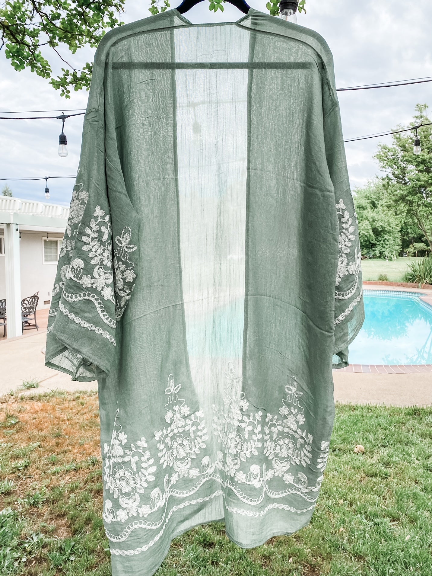 Sage Green Embroidered Floral Vine Kimono