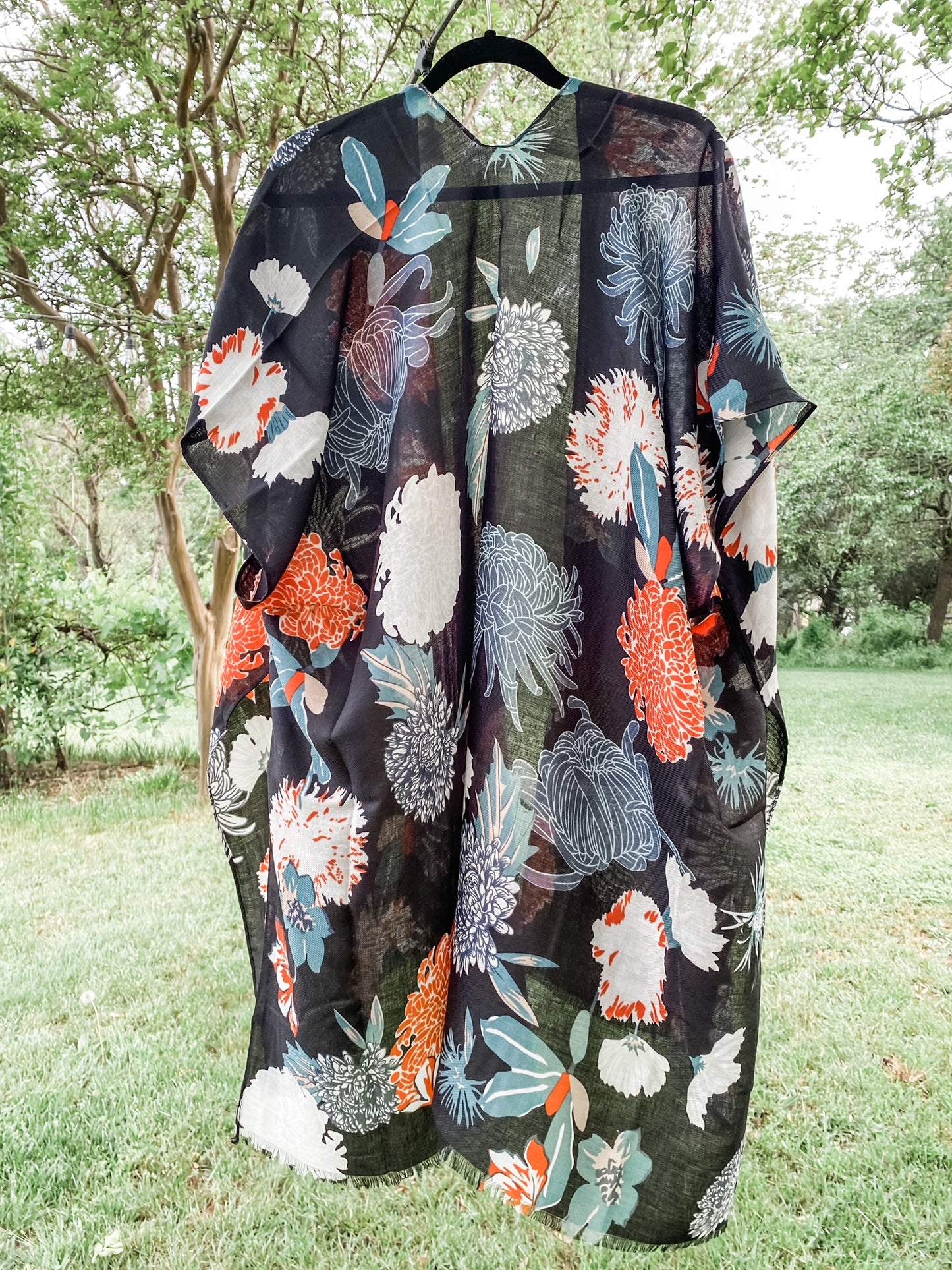 Black Tropical Floral Kimono Cover-Up
