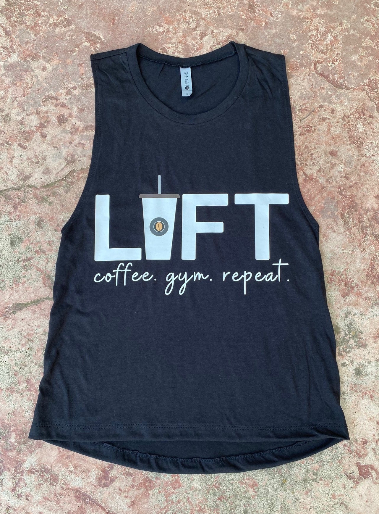 LIFT Coffee. Gym. Repeat. Black Muscle Tank Top