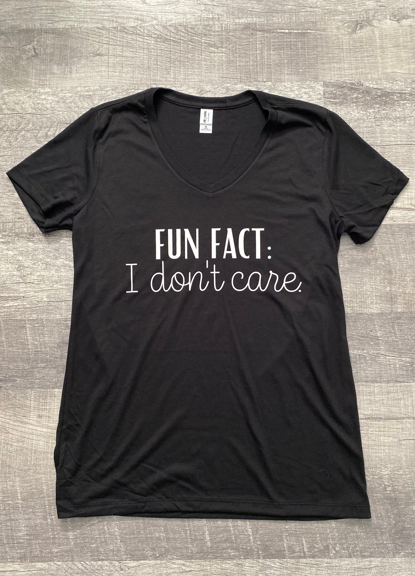 Fun Fact: I Don't Care Black Eco-Friendly V-Neck T-Shirt